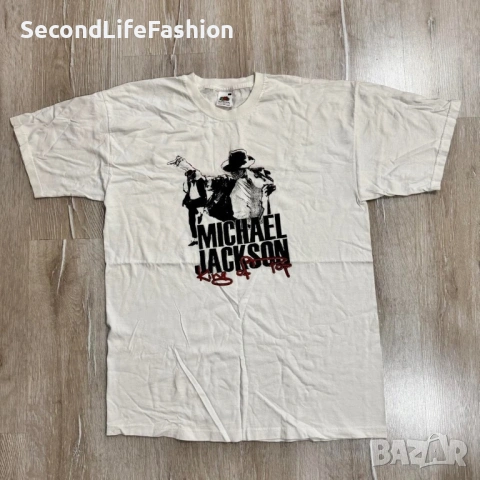Тениска с надпис „Крал на попа“ на Майкъл Джексън, размер L, Fruit of the Loom, бяла