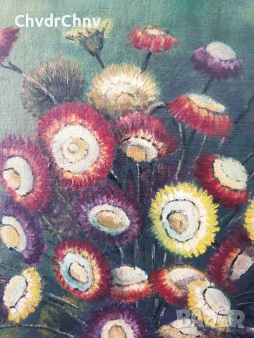 60х50см/стара картина масло върху платно-фазер/натюрморт чайник с цветя/дървена рамка, снимка 5 - Картини - 51356945