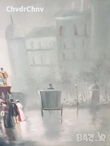 92х71см/стара голяма картина масло върху платно/градски пейзаж-Лондон-мост-карета/дървена рамка, снимка 5 - Картини - 50953397