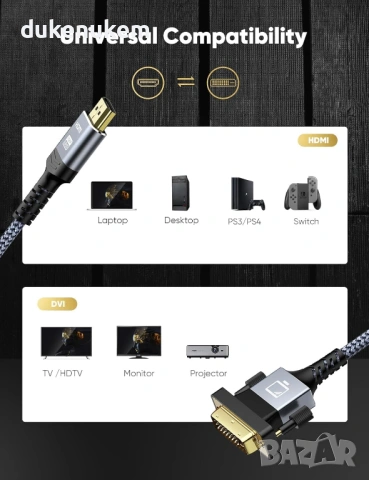 HDMI към DVI-D кабел 1.8 м – 1080P, стабилен сигнал, снимка 4 - Кабели и адаптери - 53248289