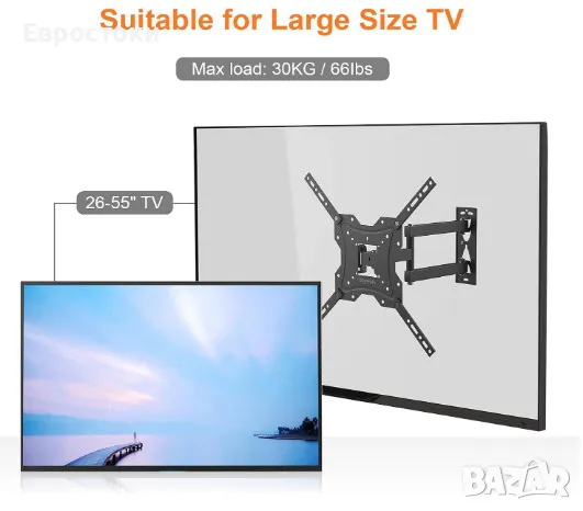 Стенна стойка за телевизор GRIFEMA GB1004, въртяща се стенна стойка за ТВ, за екрани 26-55 инча, снимка 4 - Стойки, 3D очила, аксесоари - 47427668