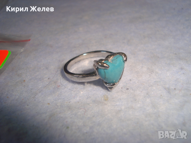 ПОСРЕБРЕН СЪРЦЕВИДЕН ТЮРКОАЗЕН БЕЛ ЕПОК СТИЛ ПРЪСТЕН 22683, снимка 3 - Пръстени - 36377850