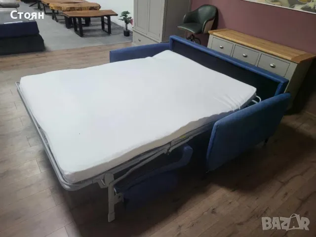 Дизайнерски син диван от плат тройка с функция сън, снимка 8 - Дивани и мека мебел - 47709912
