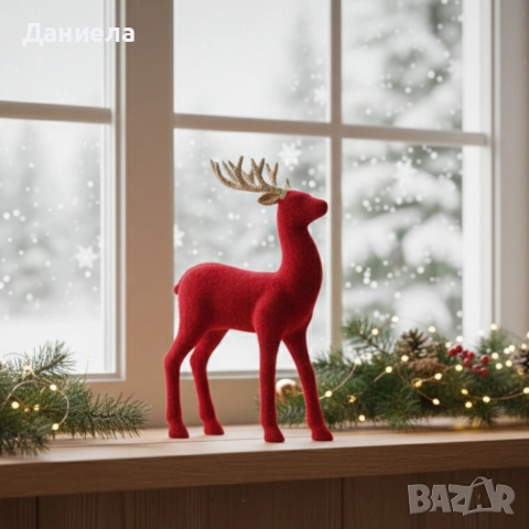 Червен кадифен елен за Коледна украса – Луксозен празничен акцент, снимка 3 - Декорация за дома - 52628367
