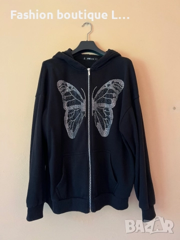 Черен анурак с пеперуда от сребърни камъчета и качулка С размер 100% памук 🖤