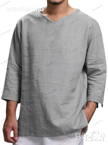 Ликвидация! Мъжка широка памучна ленена риза с V деколте и дълъг ръкав, 4цвята - Доставка 24 часа , снимка 4 - Ризи - 44838751
