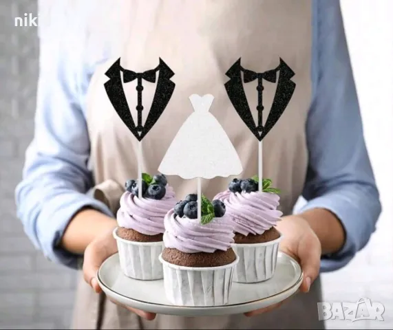 костюм младоженец булка рокля топер топери сватба моминско ергенско парти декор за торта мъфини 