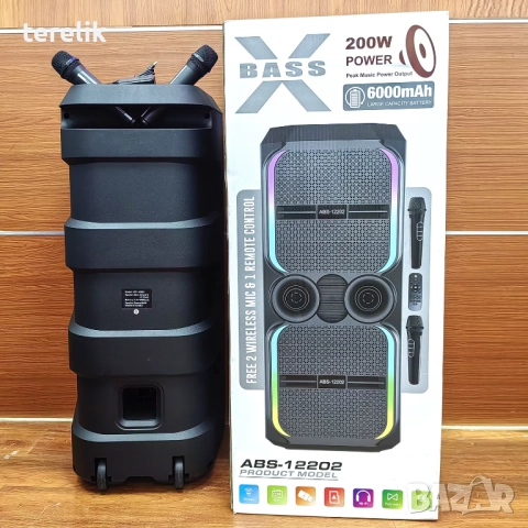 🔊 ABS-12202 – 12”×2 Xbass 200W 6000mah-50лв Професионална караоке тонколона, Bluetooth, 2 микрофонa, снимка 10 - Тонколони - 51831350