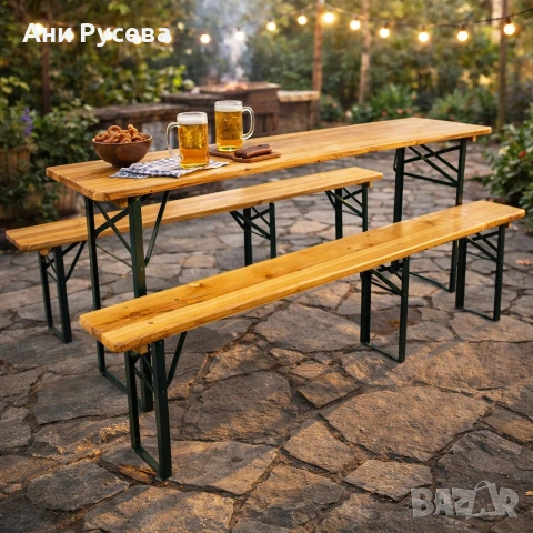 Сгъваем комплект градинска маса с 2 пейки - От чамово дърво, с отвор за чадър, снимка 2 - Градински мебели, декорация  - 53500692
