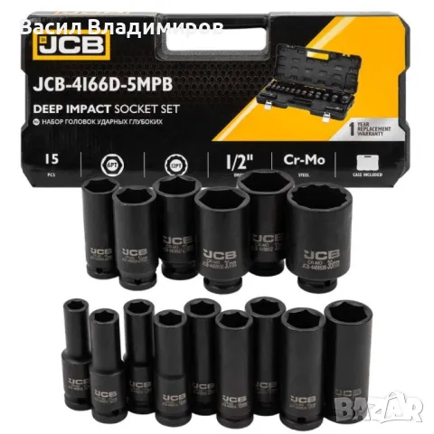 Дълбоки ударни вложки комплект 6-стенни, 15части (10-36мм), JCB - 4166D-5MPB, снимка 1