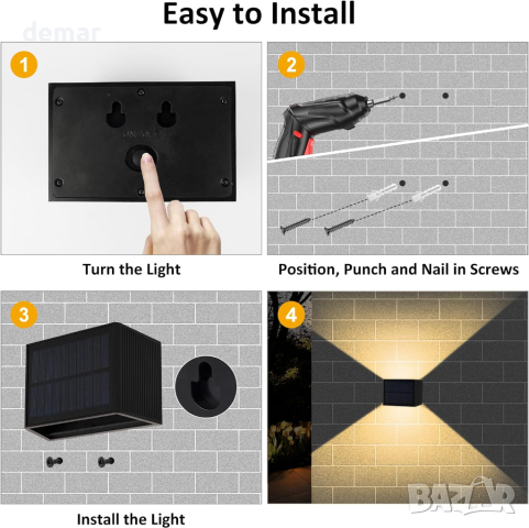 T-SUN 4 броя соларни оградни лампи за външна градина, 3000K, IP65, снимка 5 - Соларни лампи - 44762295