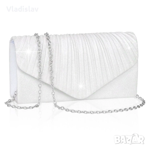 Бял клъч Larcenciel, чанта с брокат