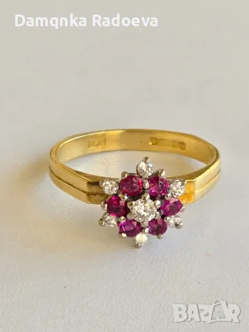 Златен пръстен с Диаманти и Рубини 18 карата проба 750, снимка 6 - Пръстени - 49783320