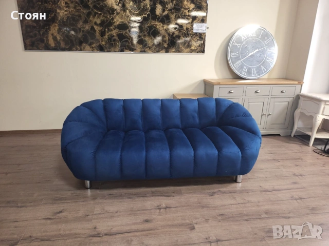 Син диван тройка от плат кадифе, снимка 2 - Дивани и мека мебел - 53716558