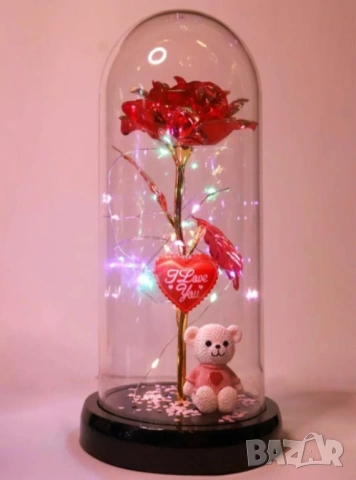 Романтична стъкленица с роза, мече и LED светлини
