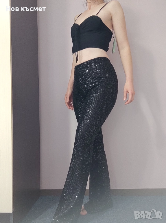 Нов панталон Н&М с пайети, черен, сребристи пайети, размер S и XS, снимка 1