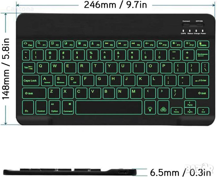 Bluetooth клавиатура, ултратънка клавиатура, 7 цвята подсветка, Android, Windows и IOS, снимка 1