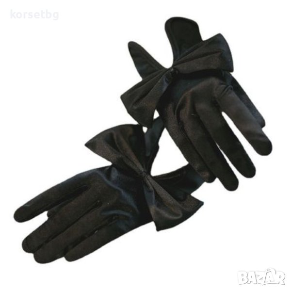 Елегантни къси черни сатенени ръкавици с панделки 7056, снимка 1