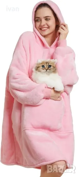 Oversize Одеяло с качулка, розово , снимка 1
