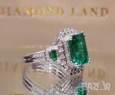 Пръстен с изумруд, сребърно покритие, снимка 3 - Пръстени - 41991120