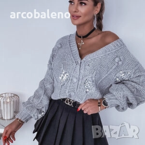 Дамски сив пуловер/жилетка с пайети , снимка 5 - Блузи с дълъг ръкав и пуловери - 51907792