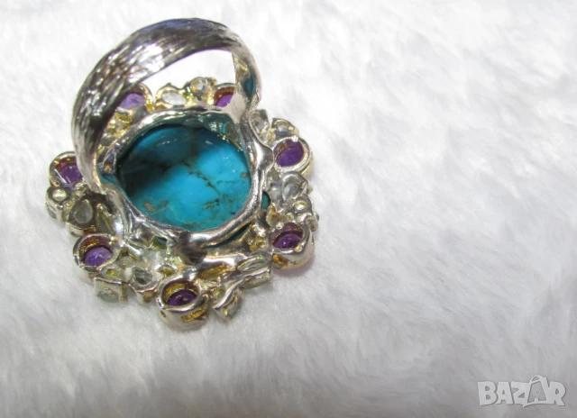 925 сребърен пръстен с 32 карата тюркоаз камък 22x17мм, общо тегло 15.8гр., снимка 4 - Пръстени - 47012992