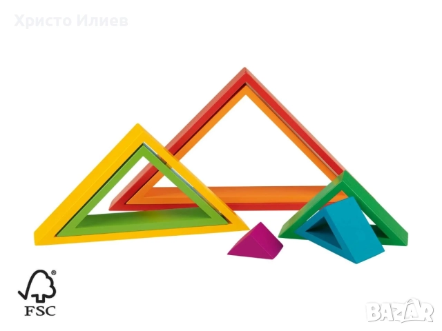 Дървен конструктор Пъзел Цветни триъгълници за подреждане Монтесори