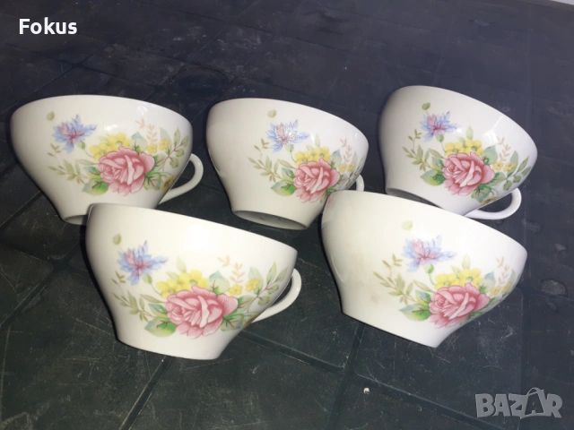 Дулево - съветски порцелан 5 чаши златен кант и роза, снимка 3 - Антикварни и старинни предмети - 53279962