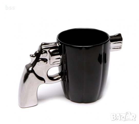 Код 89172 Забавна порцеланова чаша в черен цвят със сребриста дръжка във формата на пистолет., снимка 4 - Чаши - 35756548