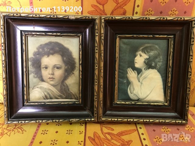 2бр френски винтидж картини молещо се момиче и момче щампа върху плат, снимка 9 - Картини - 32721197