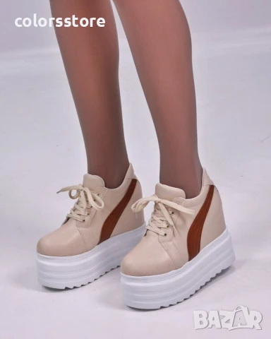 Кецове на платформа - бежови с кафява лента - SJN56 , снимка 2 - Кецове - 51213337