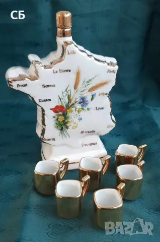 Френска сувенирна бутилка с мини чашки и троен сет от костен порцелан, снимка 3 - Декорация за дома - 48939817
