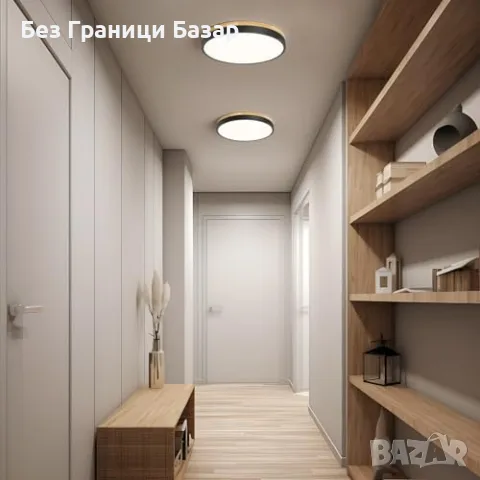 Нова лампа Кръгъл LED Плафон 30 см 24W 4000K Черен Дървен Таванен Осветител стая хол, снимка 3 - Лампи за таван - 56010396