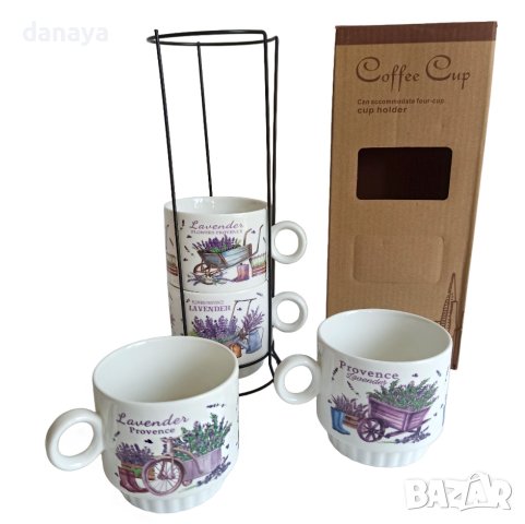 3838 Комплект керамични чаши на метална стойка lavender, снимка 4 - Чаши - 41479422