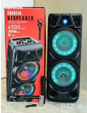 %Cobra Нова ZQS 8210 2х8 120W 6500mah 2 микрофона ПРЕНОСИМА КАРАОКЕ КОЛОНА От вносител 12 месеца гар, снимка 9 - Тонколони - 53165486