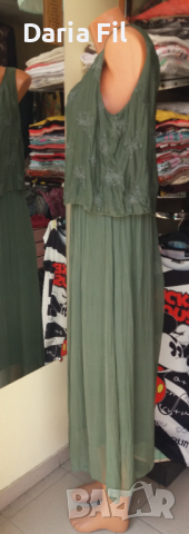 Зелена дълга рокля с дантелена платка в горната част, снимка 3 - Рокли - 36361002