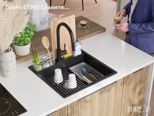 графит кухненска мивка за вграждане Берген 60 Double Pocket 560x540 мм, снимка 3 - Мивки - 51719363