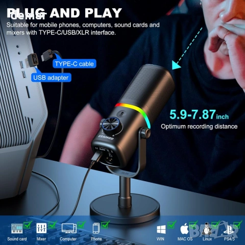 Микрофон Aokeo USB/XLR динамичен настолен микрофон с RGB светлина, бял, снимка 5 - Микрофони - 53427741