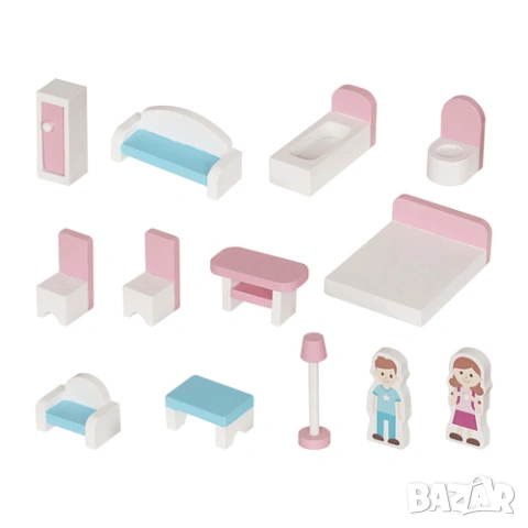 Къщичка за кукли / Детска дървена къща за кукли с мебели и осветление, снимка 12 - Кукли - 53520647