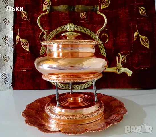 Меден чайник с кранче,диспенсър,стойка,спиртник,поднос. 