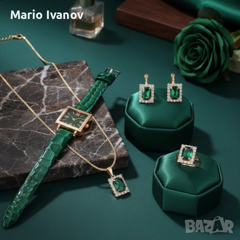 Елегантен комплект часовник и бижута с зелени кристали и златист корпус, снимка 6 - Дамски - 52896388