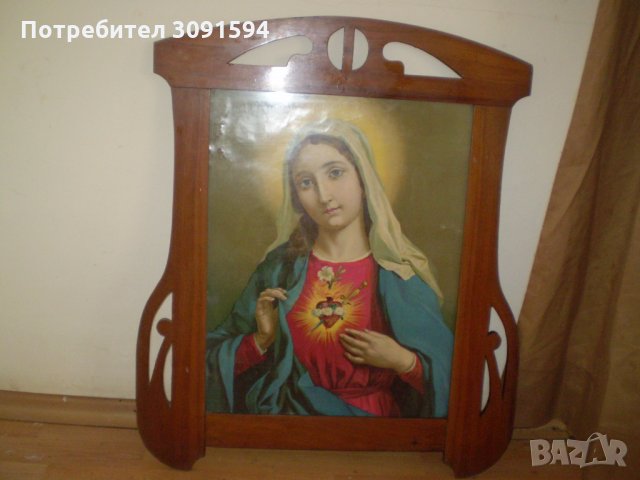 Винтич голяма  Икона рисувана на стъкло В стара Дървена рамка , снимка 4 - Антикварни и старинни предмети - 34687303