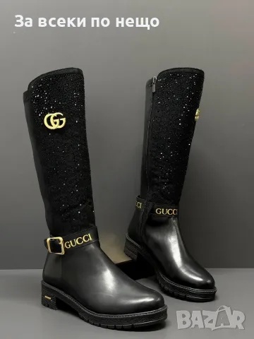 Gucci Луксозни Дамски Черни Ботуши До Коляното С Блестящи Детайли И Златно Лого Код SEM-767