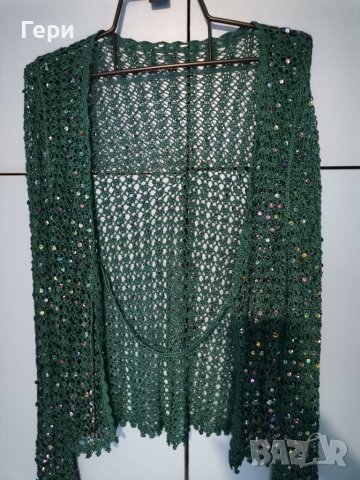 Тъмнозелено болеро плетиво с пайети, снимка 4 - Жилетки - 42292536