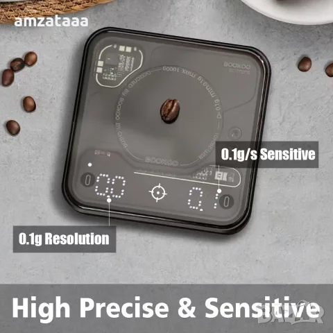 BOOKOO Coffee Scale Mini – професионална дигитална везна за кафе с таймер и Bluetooth