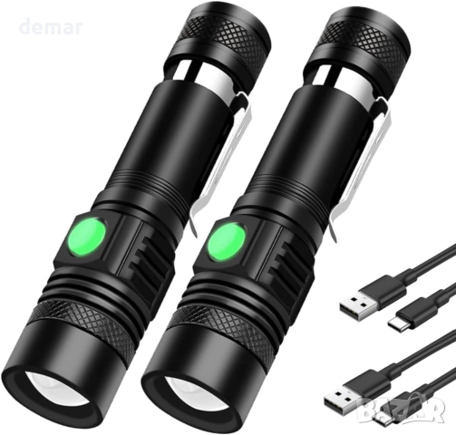 NAKCNM 2 броя мини LED фенерче, акумулаторно, 4 режима, джобна щипка, регулируем фокус, вкл. батерии