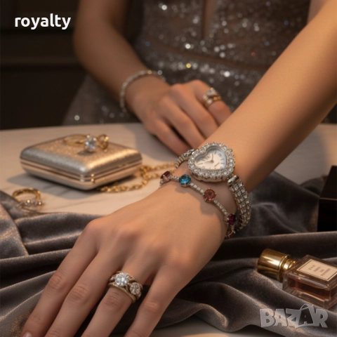 Сърцевиден дамски часовник с гривна и кристали – стил и практичност в кутия, снимка 4 - Бижутерийни комплекти - 52122316