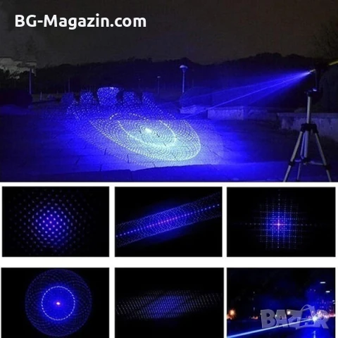 Мощен акумулаторен син лазер 5000mW пойнтер горящ палещ клечка кибрит пука балон батерии 16340, снимка 3 - Друга електроника - 51040617