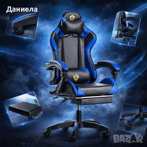 Геймърски стол с поставка за крака – черно-син, въртящ, с масажна функция и спортен дизайн, снимка 2 - Столове - 53237807
