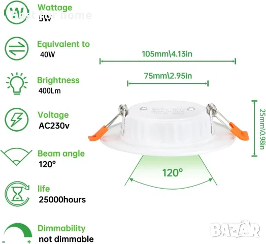 LED вградена таванна лампа Tofisr, 5W топло бяла светлина 2700K, комплект ОТ 30 БРОЯ, снимка 2 - Лед осветление - 55876162